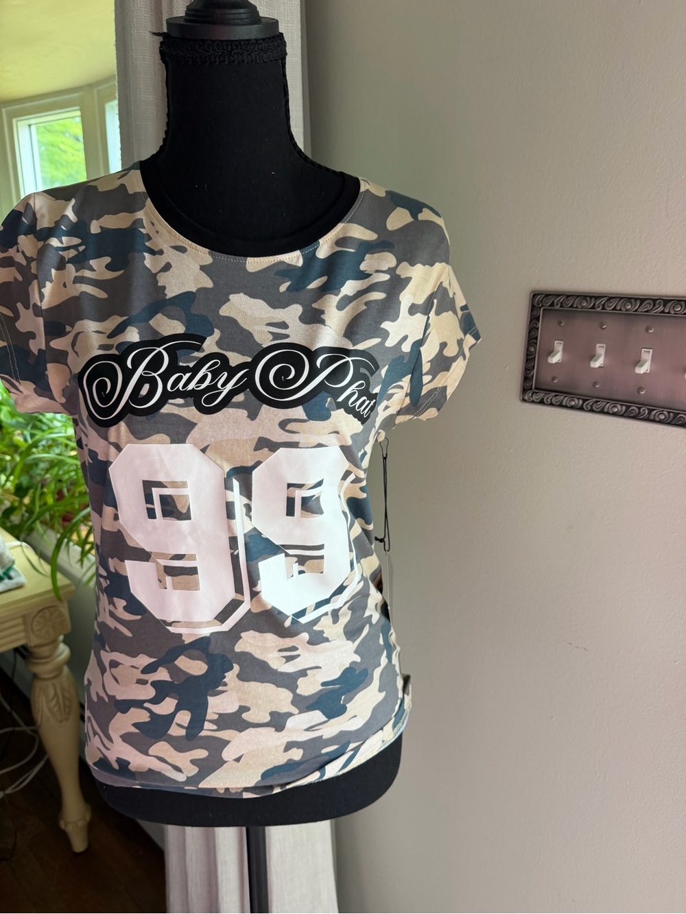 Baby Phat Cream and Gray Camo Tee with 99 Graphic